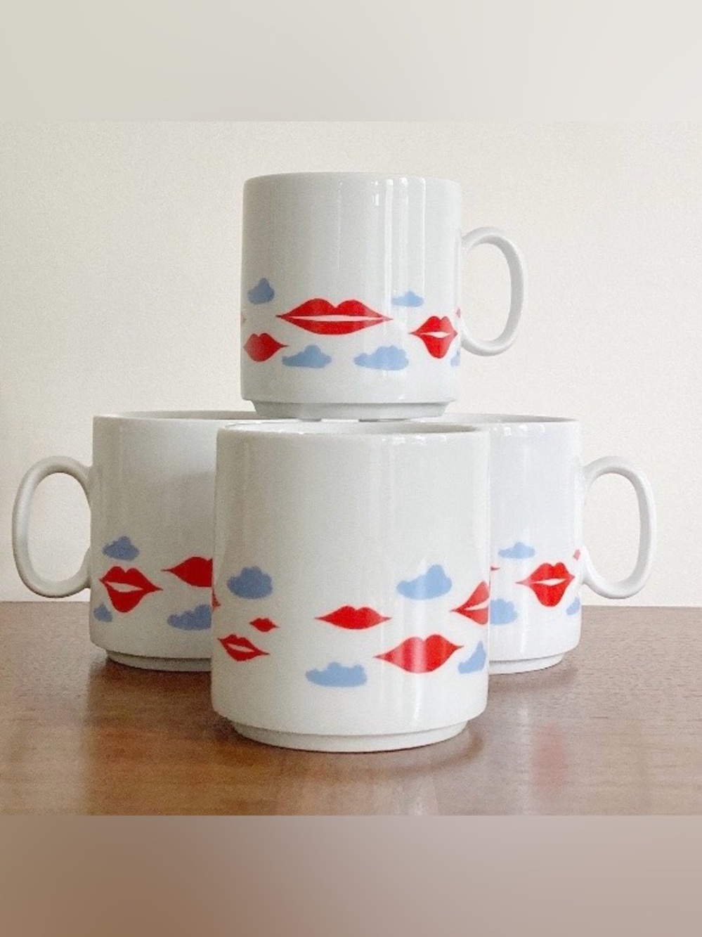 Whimsical Set of 4 Vintage Porcelain Mugs by Dubí Czechoslovakia